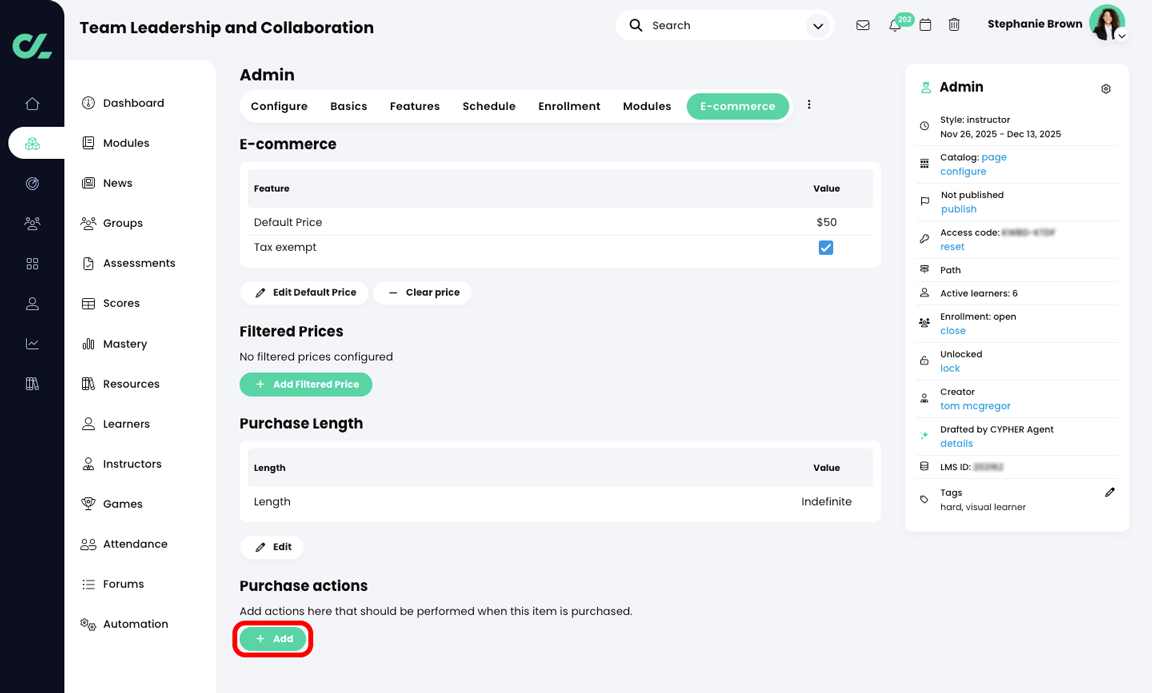 Course, Admin, E-commerce tab with the Add button highlighted in the Purchase actions section