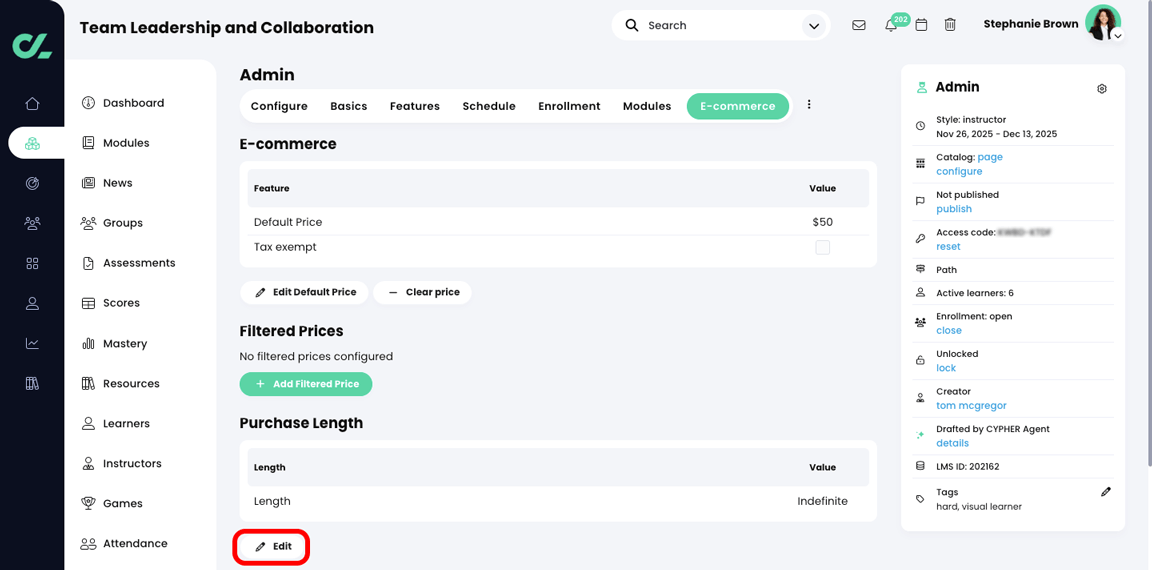 Course, Admin, E-commerce tab with the Edit button highlighted in the Purchase Length section