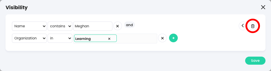 Fereastra pop-up de vizibilitate cu butonul Ștergeți un lanț de filtre evidențiat