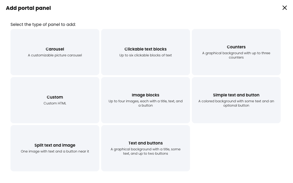 The Add portal panel pop-up