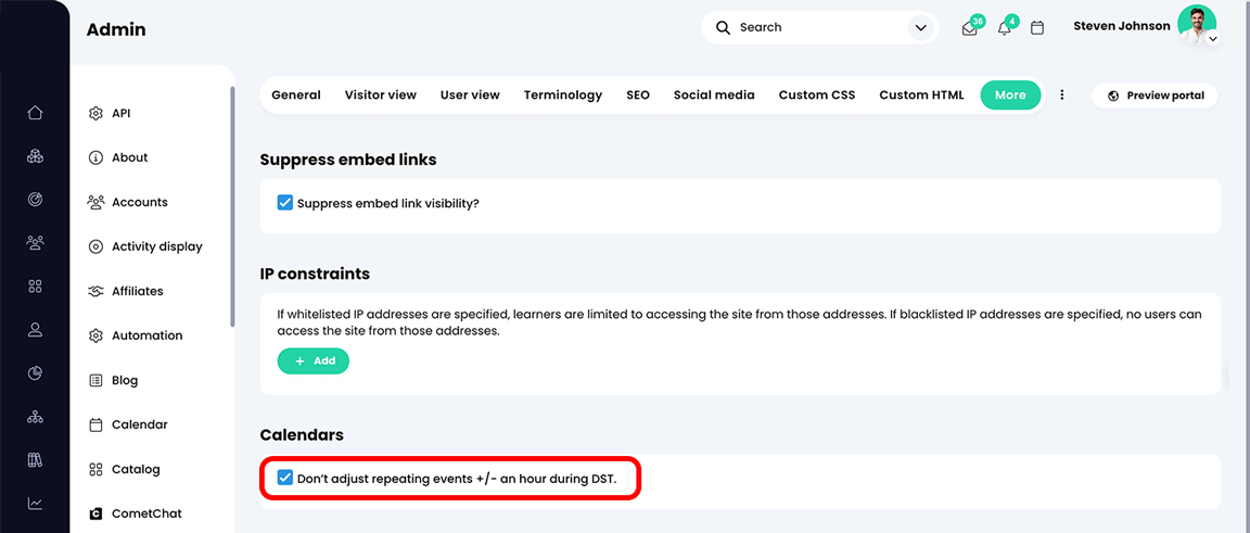Admin, Portal, More page with the DST setting for the calendars highlighted