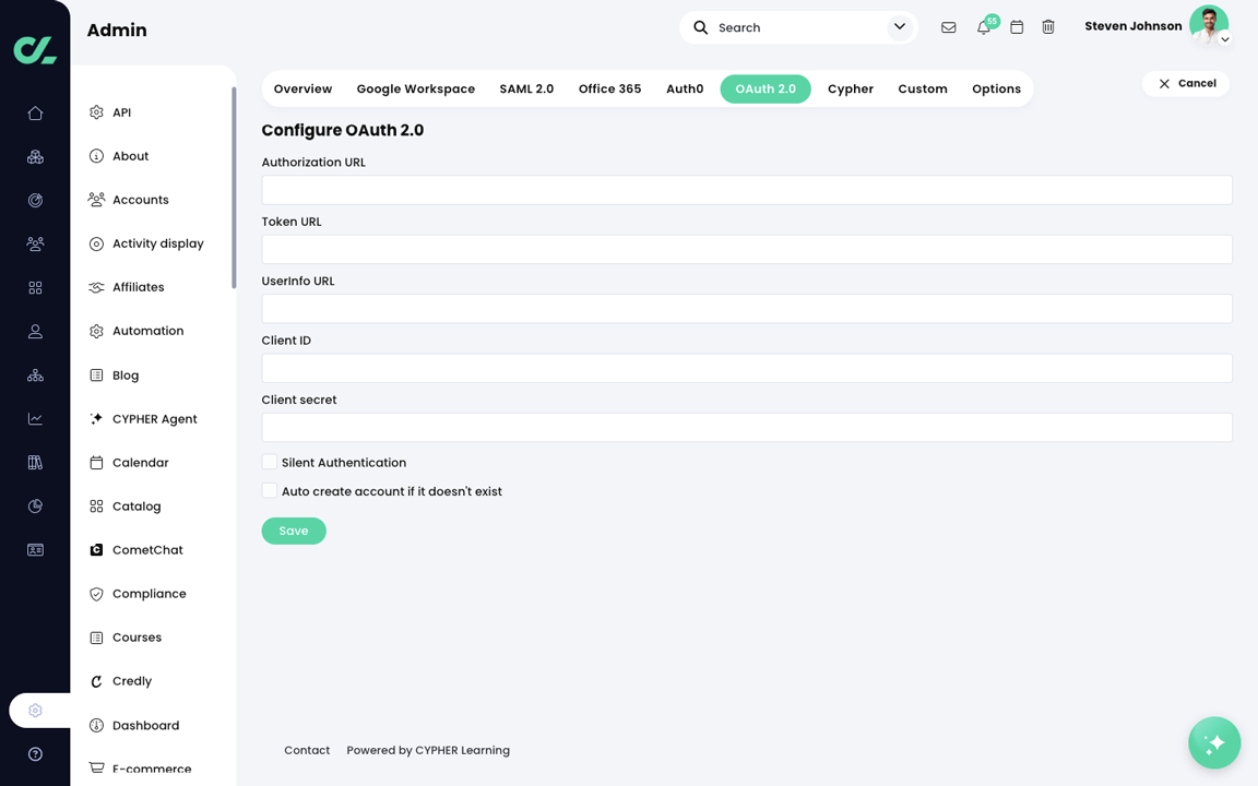 Admin, Single sign-on, OAuth 2.0 tab, Configure OAuth 2.0 page