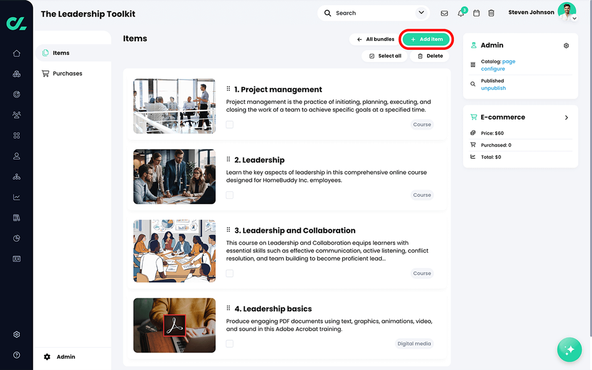 Admin, E-commerce, Bundle Items page with the Add item button highlighted