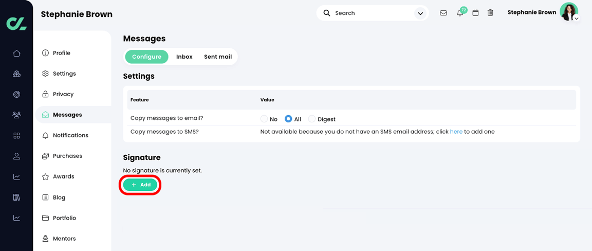 Profile, Messages, Configure tab with the Add signature button highlighted