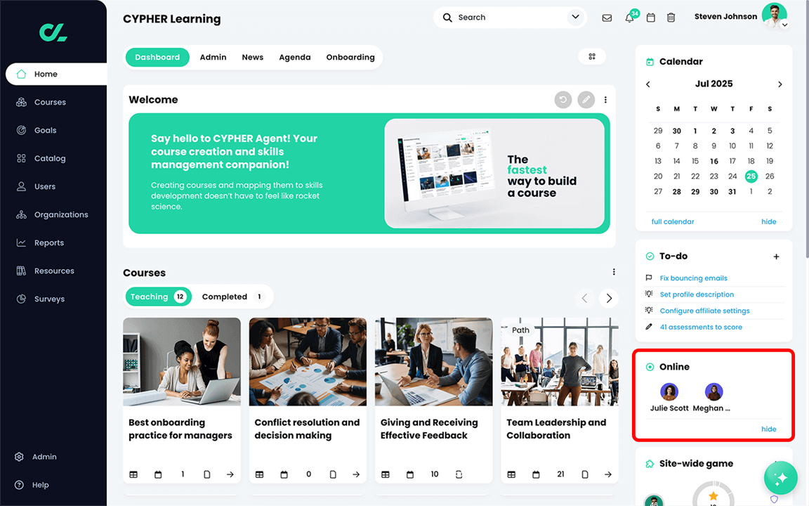 Home, Dashboard with the Online widget highlighted