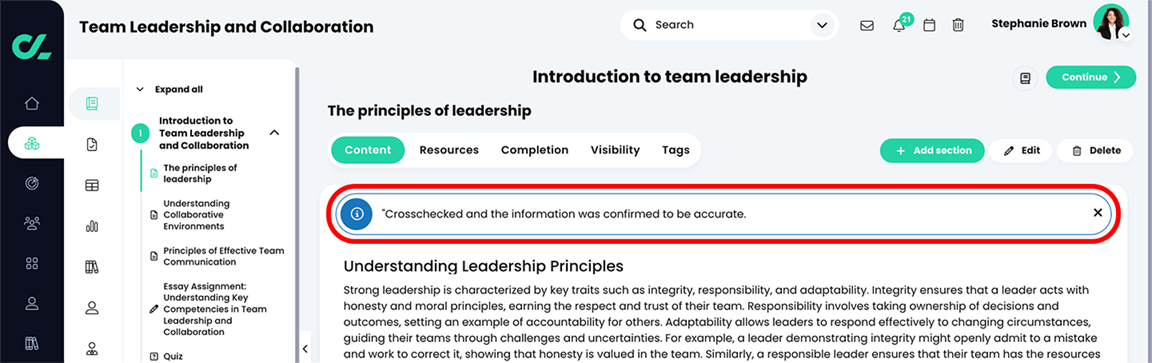 Course, page with Crosschecked and the information was confirmed to be accurate message highlighted