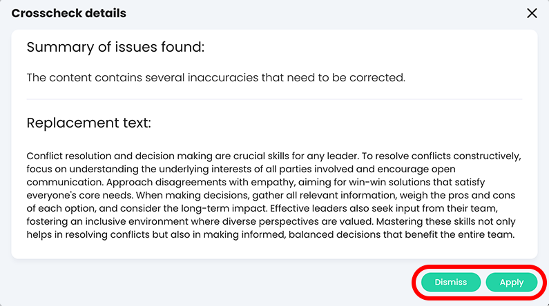 Course, Crosscheck details pop-up with Dismiss and Apply buttons highlighted