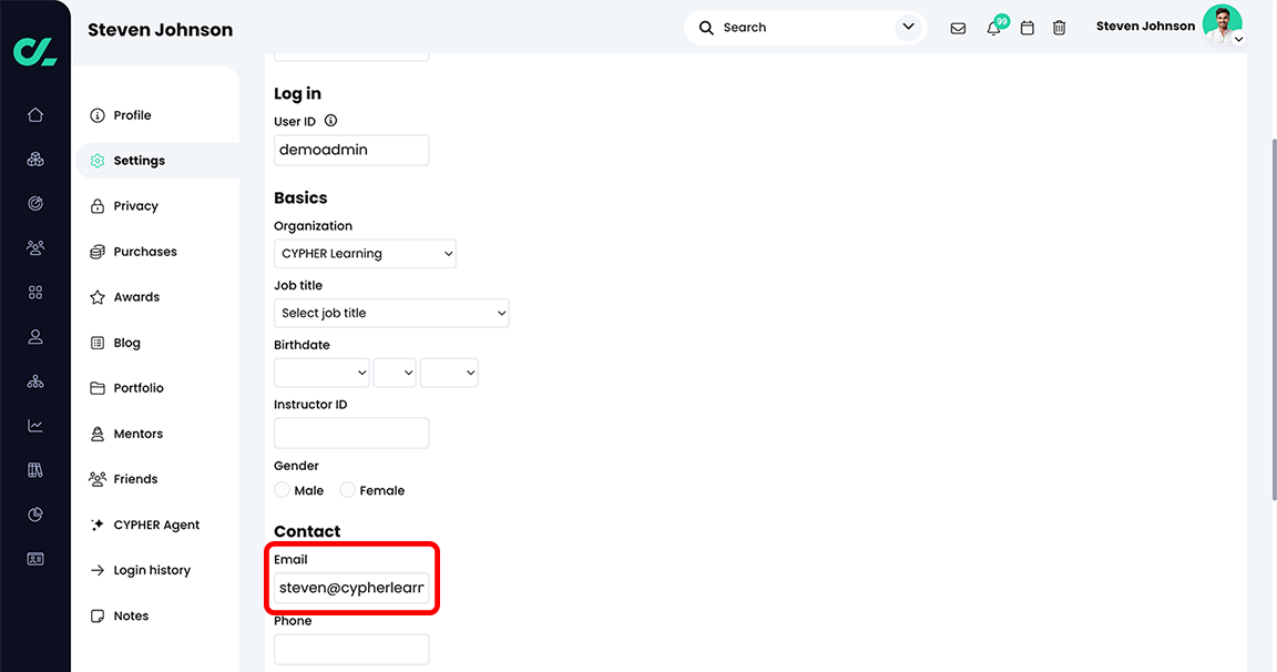 Profile, Settings page with the Email field highlighted in the Contact section