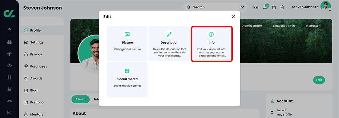 Profile, Edit pop-up with the Info button highlighted