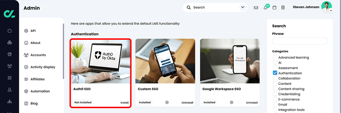 Admin, App center, Authentication section with the Auth0 SSO tile highlighted