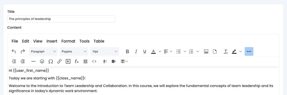 Course, Module, Edit section with variables examples highlighted