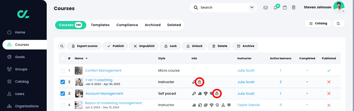 Courses, Courses list with two courses selected and the Lock icon highlighted on both courses