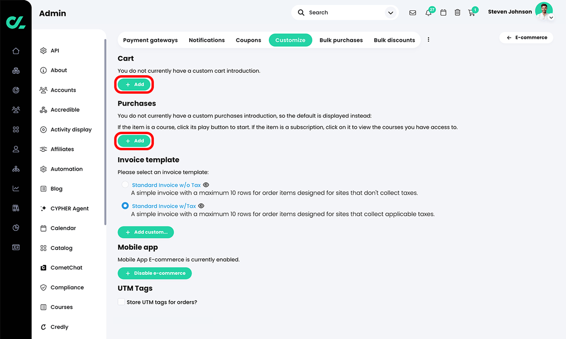 Admin, E-commerce, Customize tab with the Add button highlighted in the Cart and Purchases sections