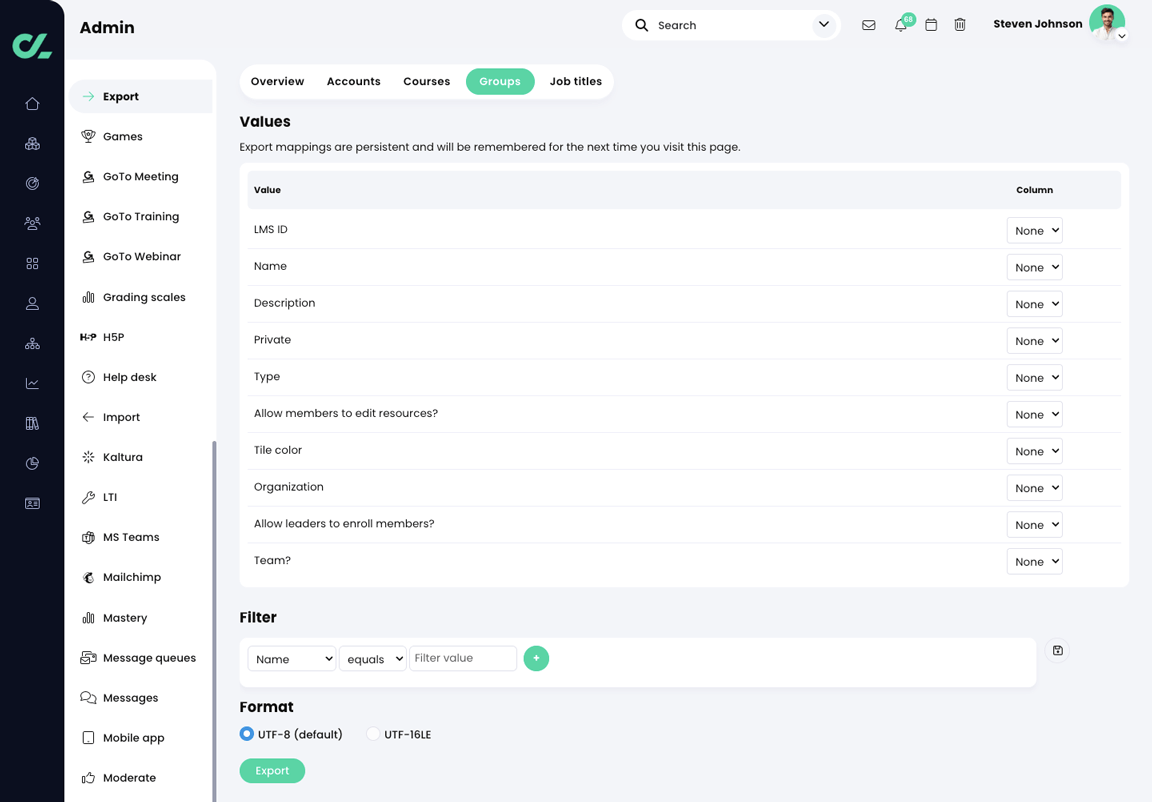 Admin, Export, Groups tab
