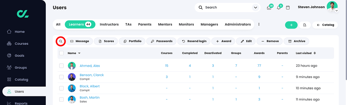 Users, Learners tab with the Search icon highlighted