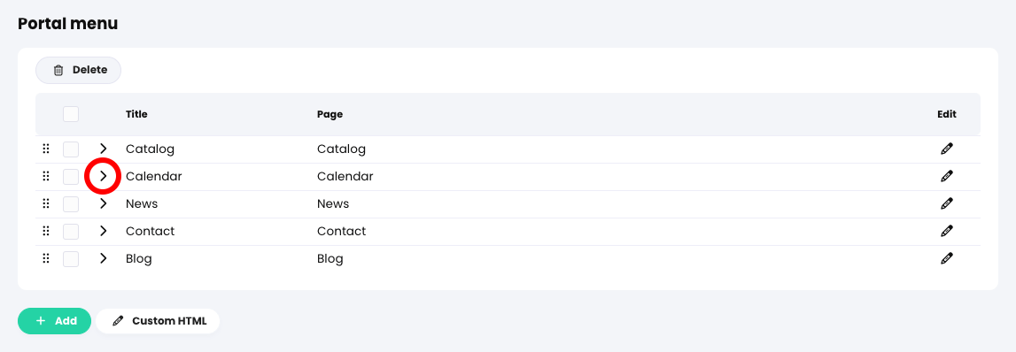 Organizations, Admin, Portal tab, Portal menu section with the right arrow button highlighted for the Calendar menu item