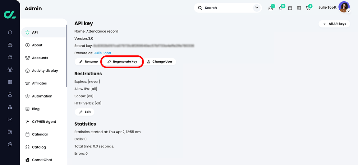 Admin, specific API key page with the Regenerate key button highlighted