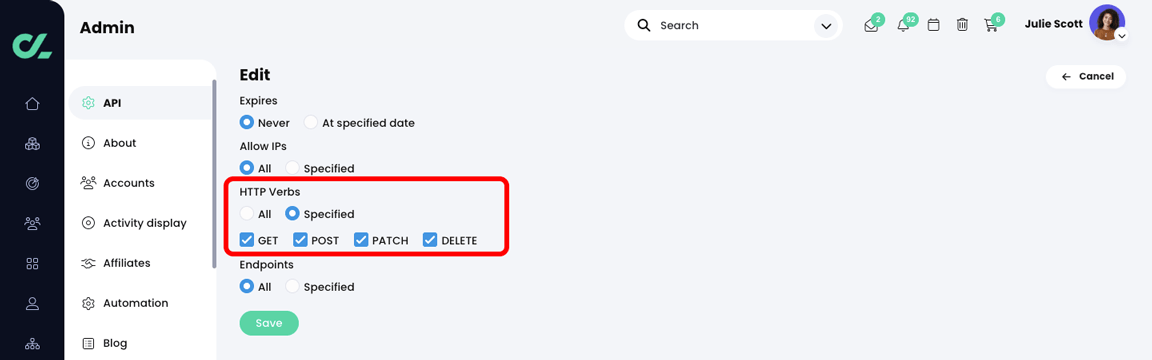 Admin, API key, Edit page with the HTTP Verbs section highlighted and Specified radio button selected