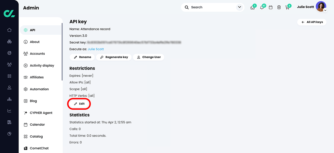 Admin, specific API key page with the Edit button highlighted in the Restrictions section
