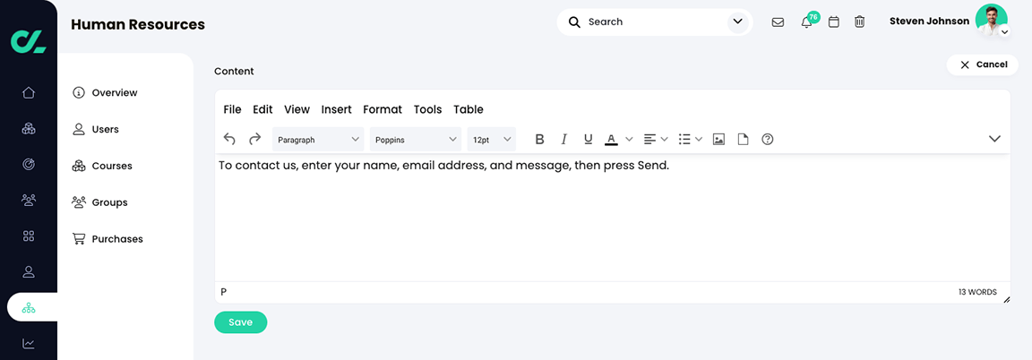 HTML editor with example text for a Contact page