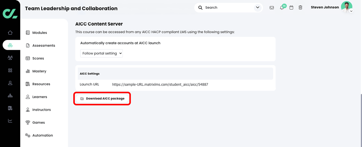 Course, Admin, More, AICC Content Server page with the Download AICC package button highlighted