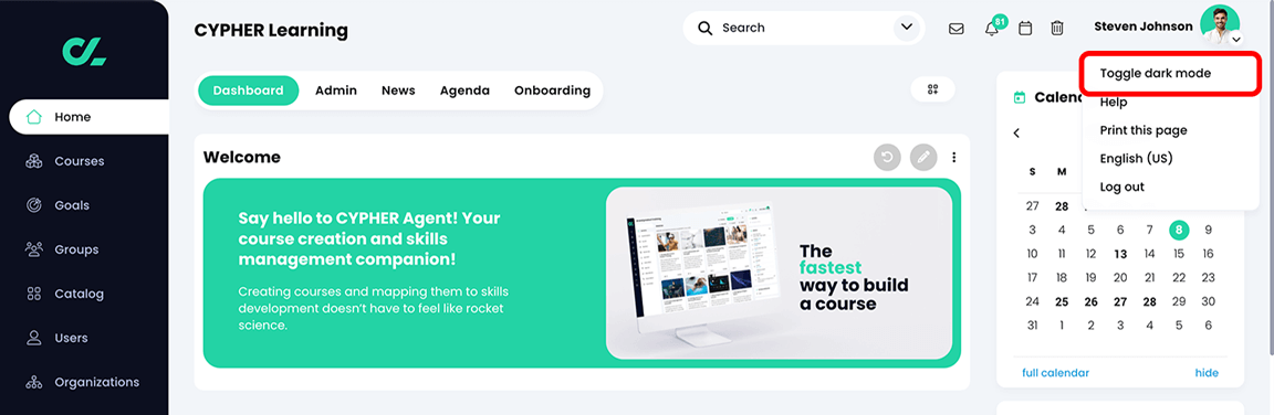 Home page dashboard with the profile picture menu active and the Toggle dark mode option highlighted