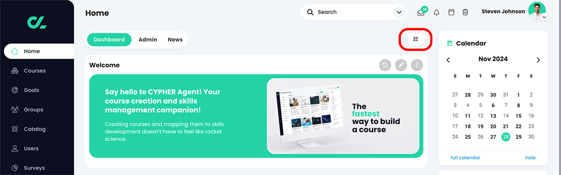 Home dashboard with the Edit widgets button highlighted