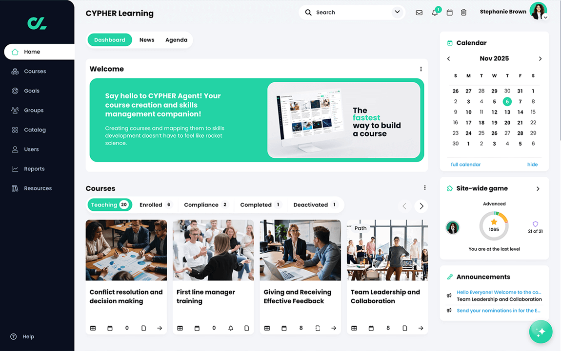 Instructor view of the home dashboard