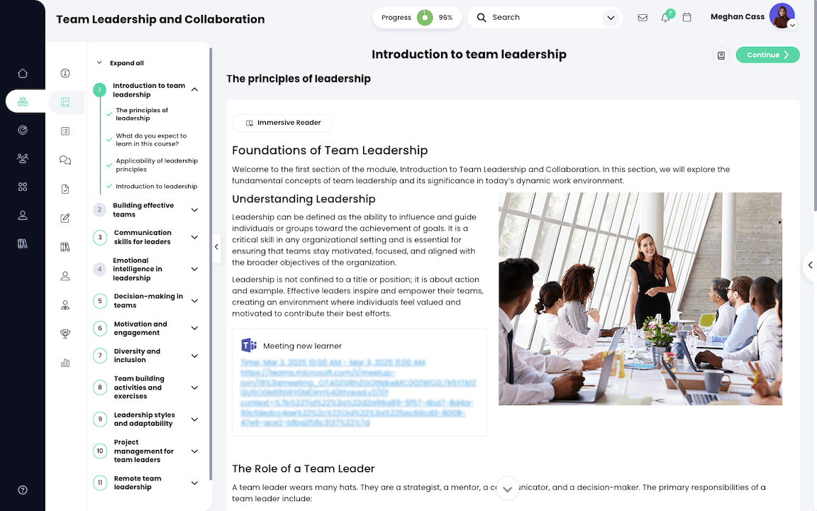 Course, Modules, page section with the table of contents displayed