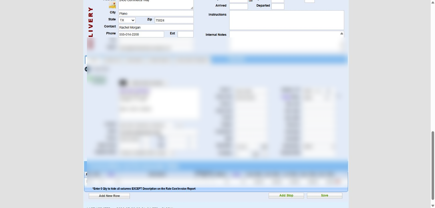 0Demo saved load commodities and accessorials area with sample load details redacted