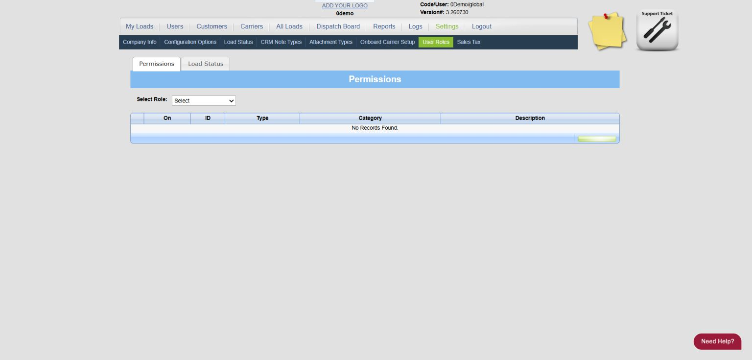 0Demo User Roles settings screen
