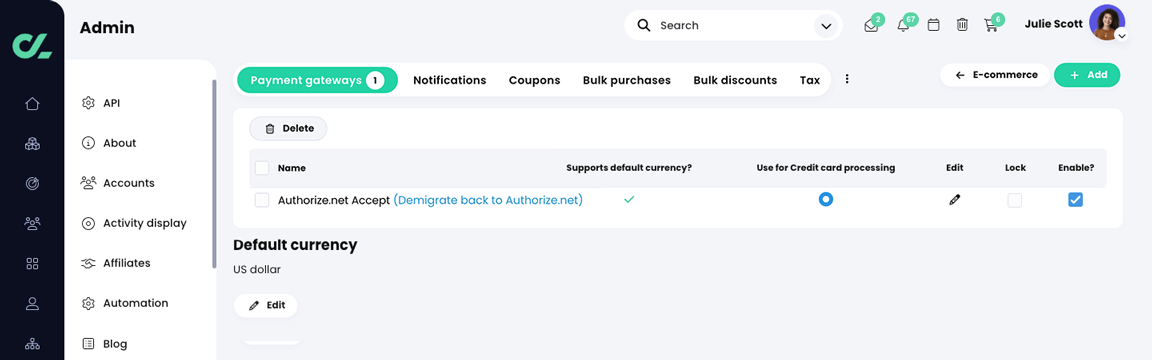 Admin, E-commerce, Payment gateways page with Authorize.net Accept enabled as a payment gateway