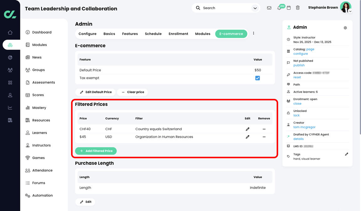 Course, Admin, E-commerce tab with the Filter Prices section highlighted and two filtered prices set