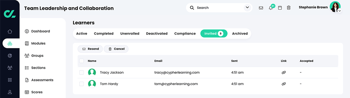 Course, Learners, Invited tab