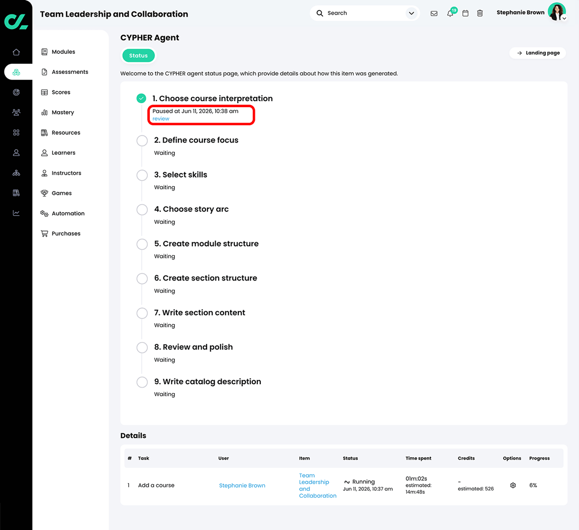 CYPHER Agent status page with the review button highlighted in the Choose course interpretation section