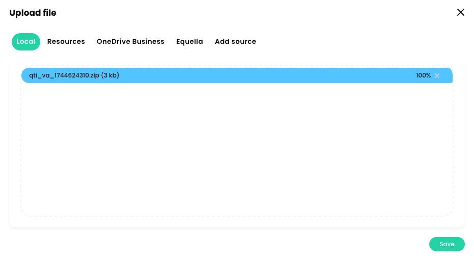 Upload file pop-up with a QTI zip file uploaded
