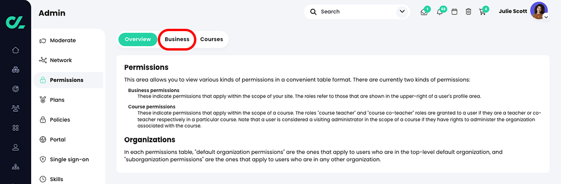 Admin, Permissions, Overview tab with the Business tab highlighted