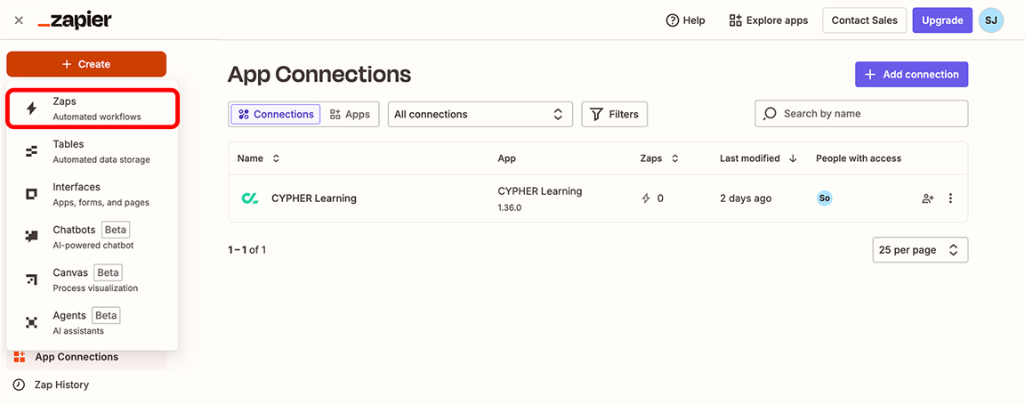 Zapier, App Connections page with the Create menu active and Zaps highlighted