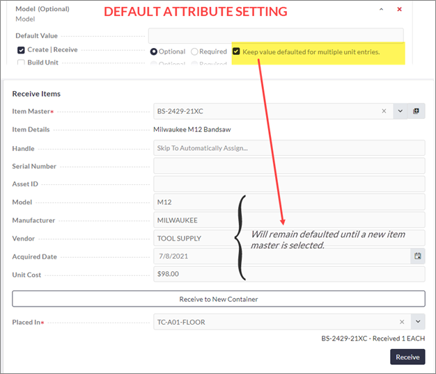 Default Attribute Setting option for Receive New Unit