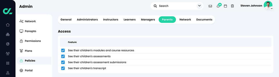 Admin, Policies, Parents tab
