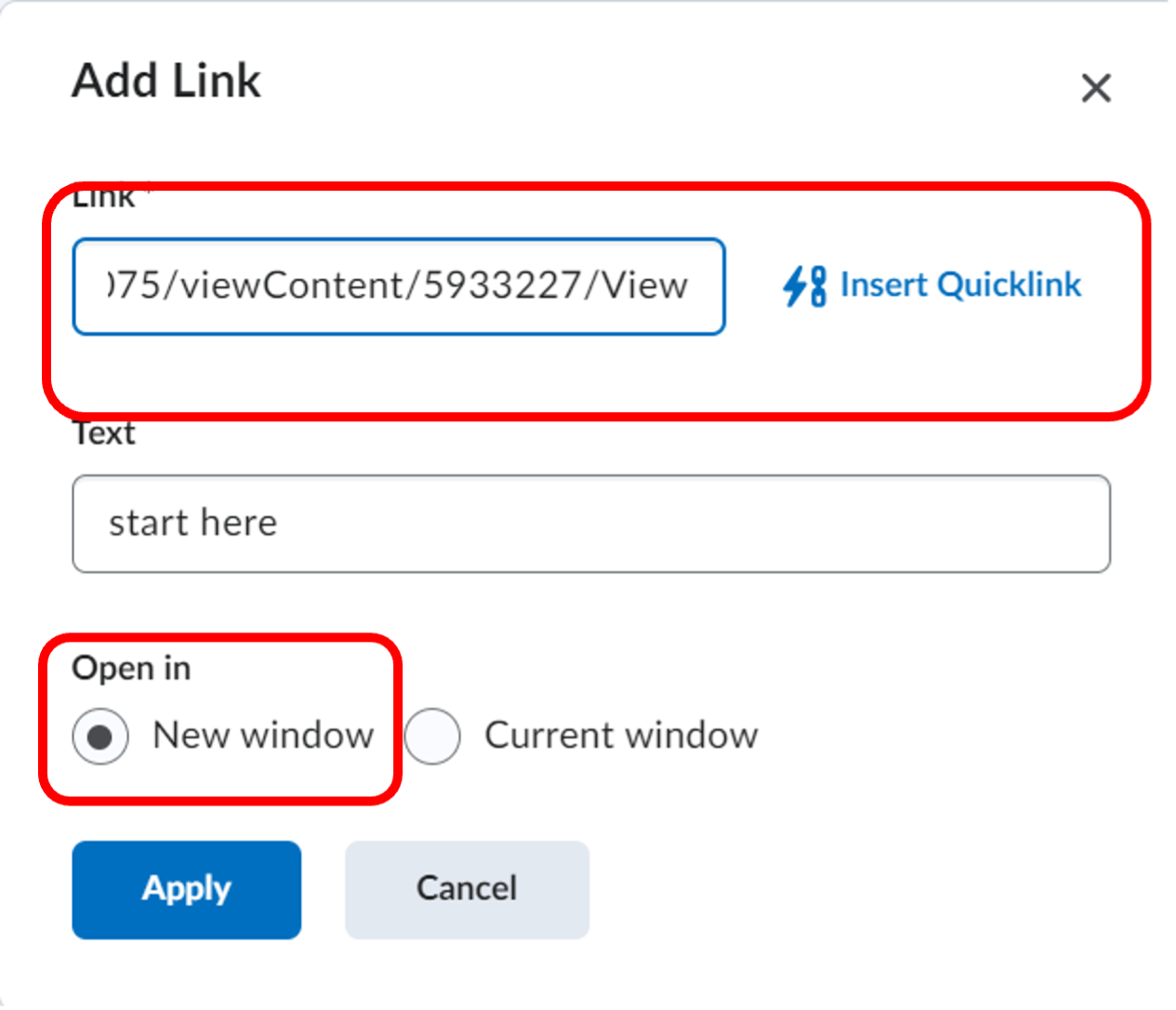 Pop-up window showing the Link URL and open in new window selected