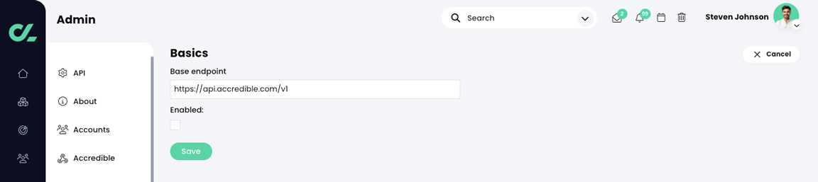 Admin, Accredible, Basics page with an example Base endpoint
