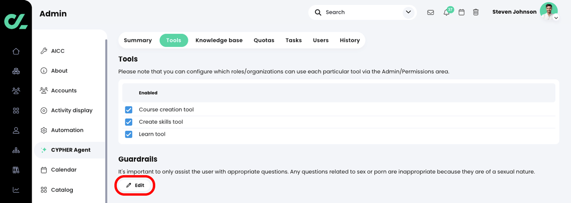Admin, CYPHER Agent, Tools tab with the Edit button highlighted in the Guardrails section