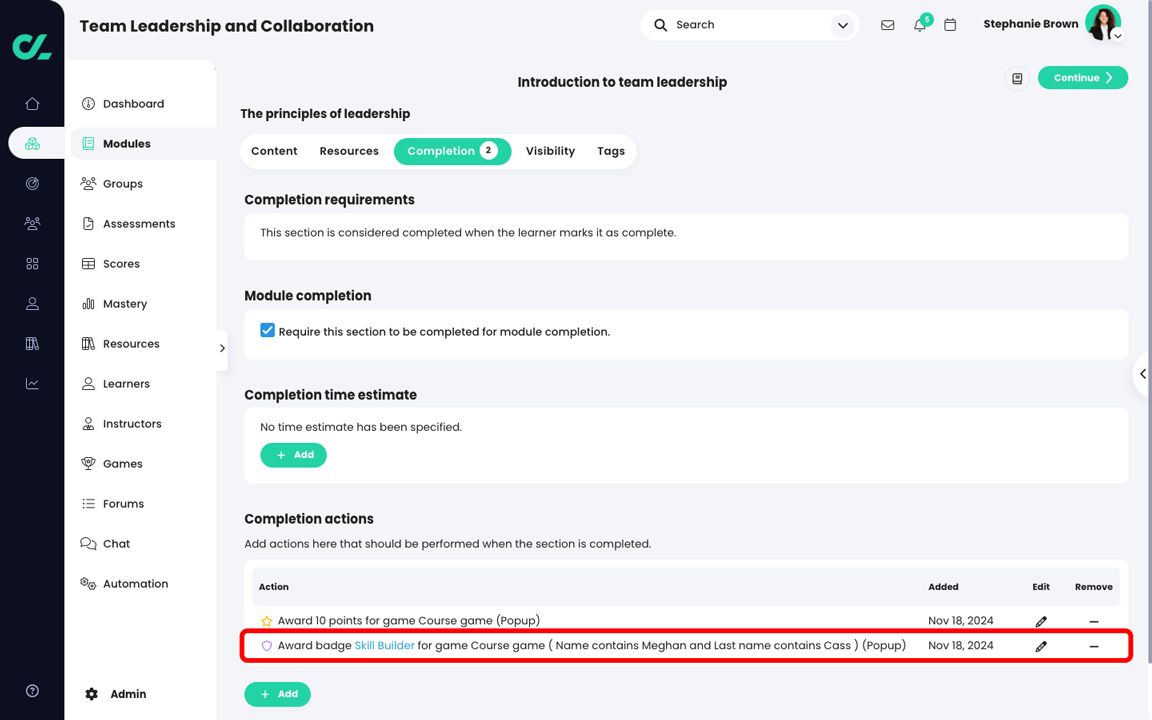 Course, Modules, Completion page with the new completion action highlighted