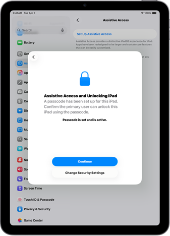 An iPad with a screen asking the trusted supporter to confirm the person using the device knows the device passcode.