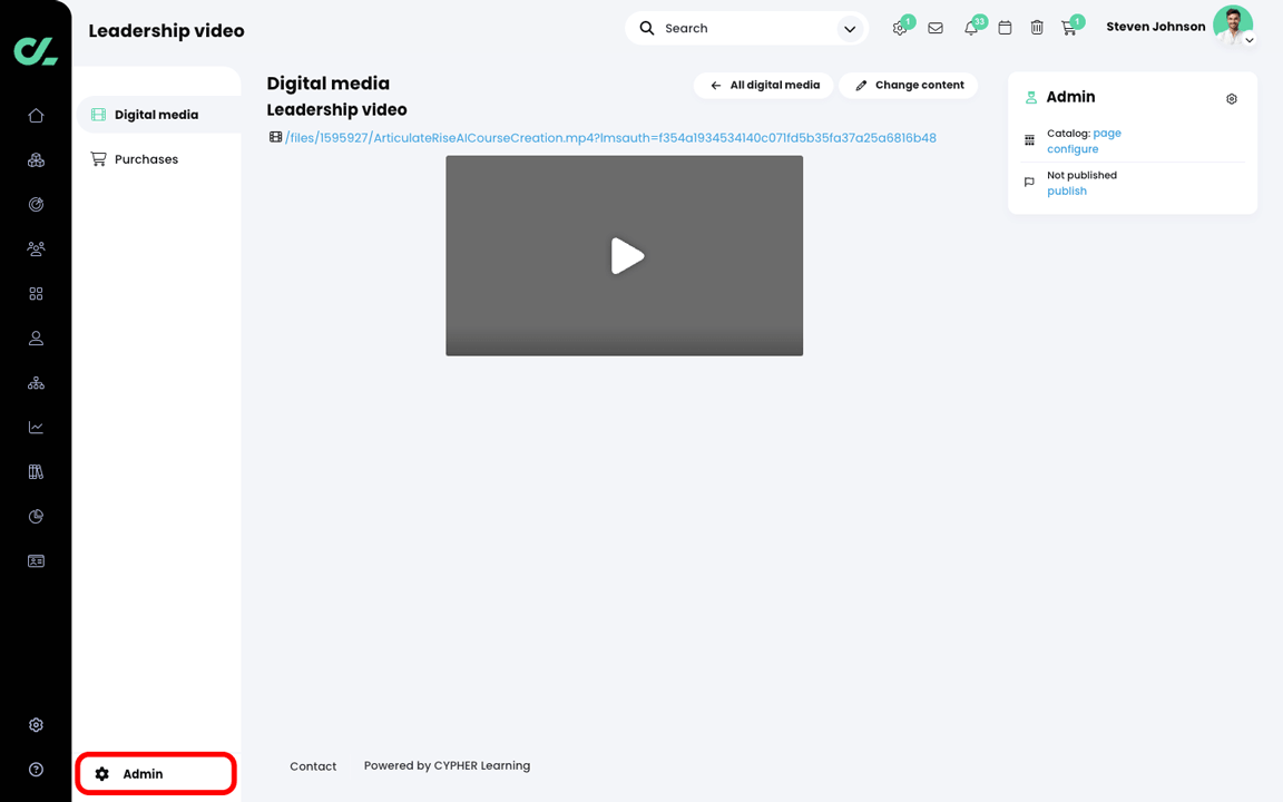 Admin, E-commerce, Digital media page with the Admin button highlighted in the secondary menu