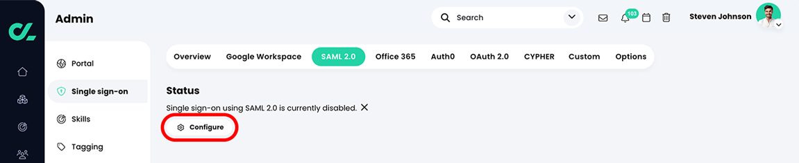 Admin, Single sign-on, SAML 2.0 page with the Configure button highlighted