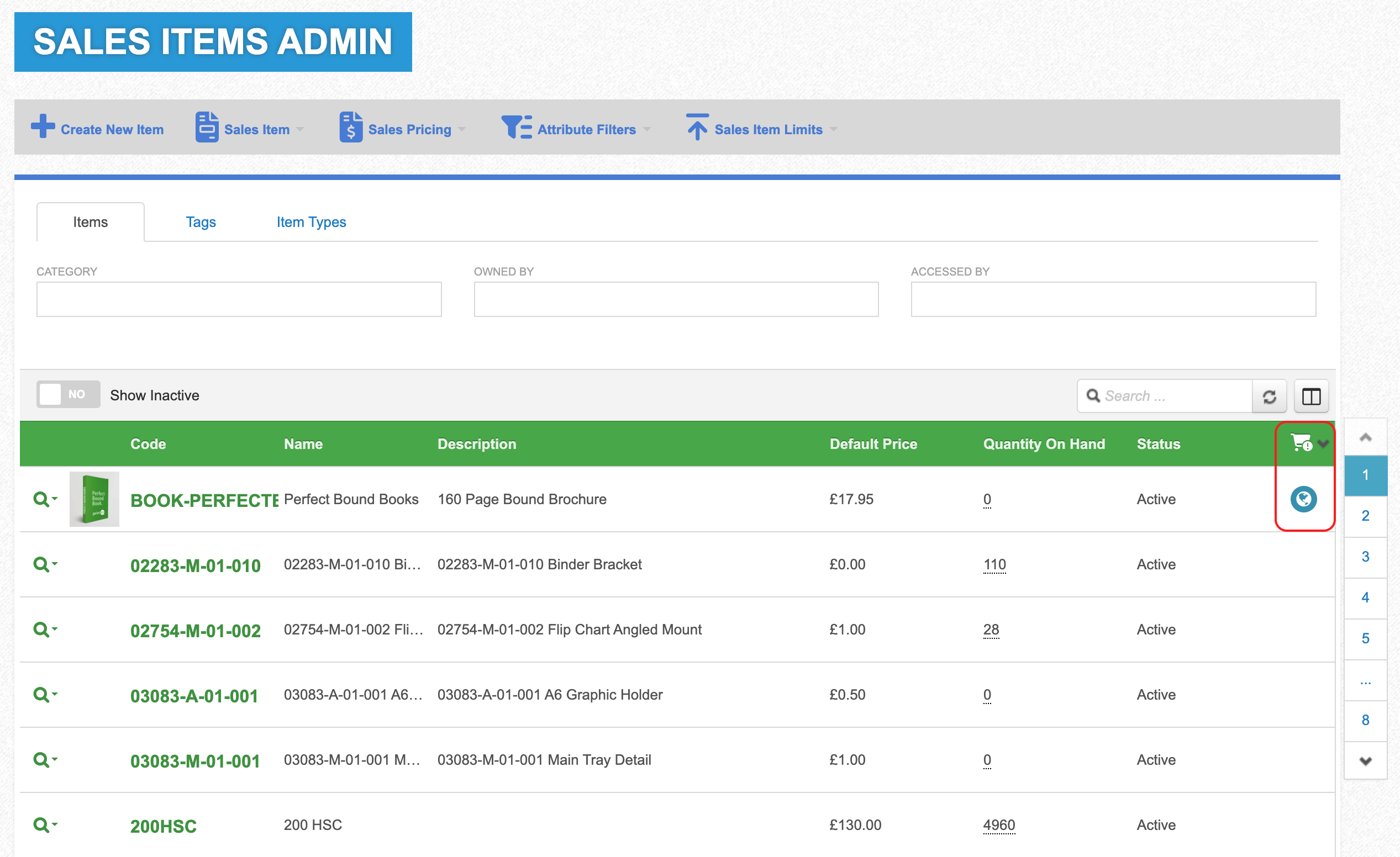 Sales Item Admin Board