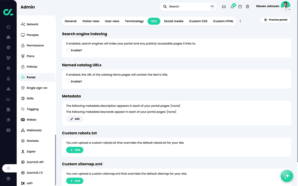 Admin, Portal, SEO tab