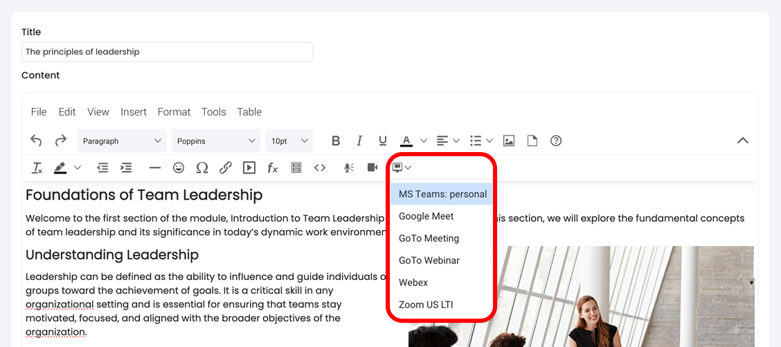 Course, Module, Edit section with the Create web conferencing menu active and highlighted